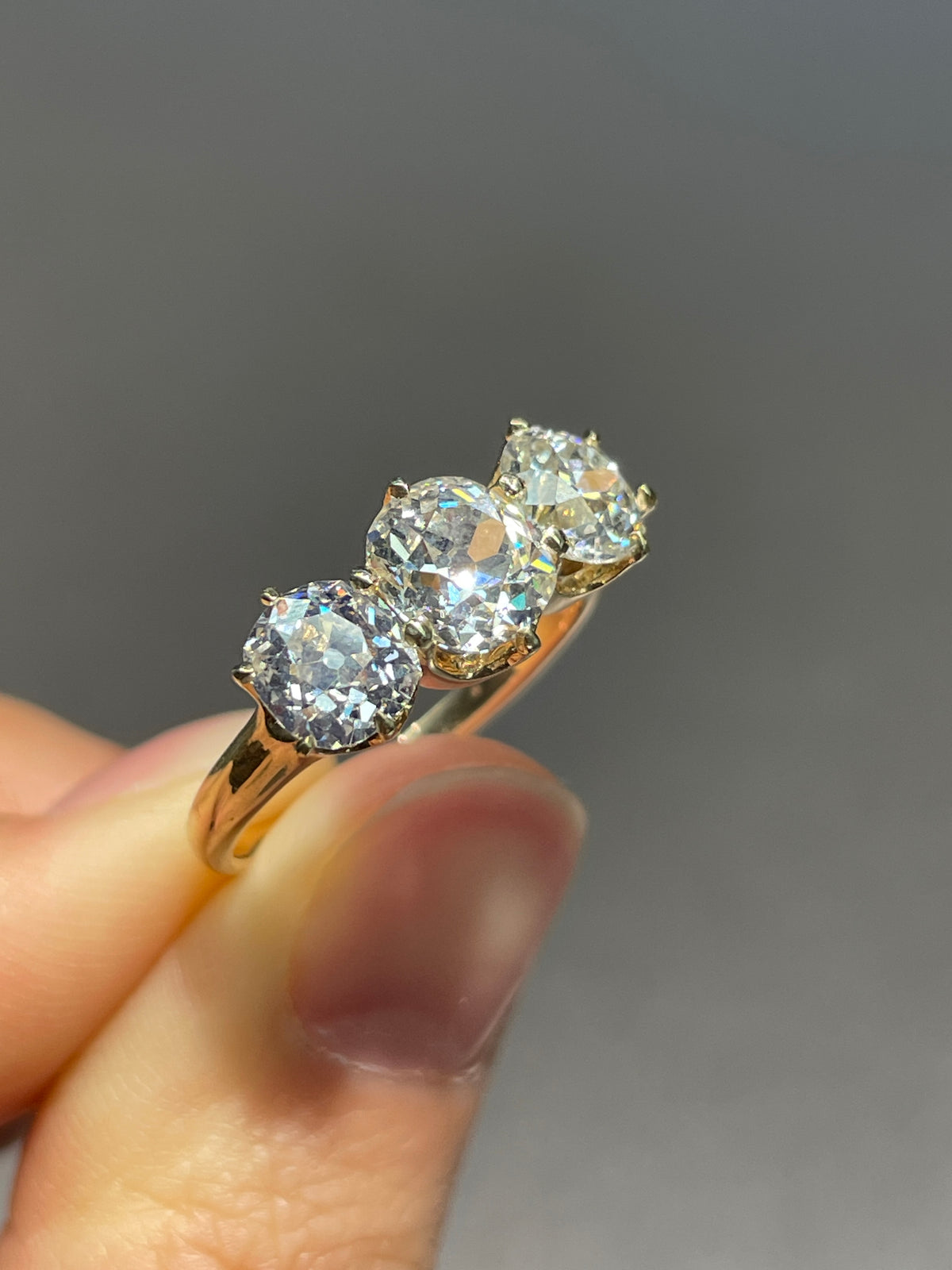 Antique 2.64 CTW Old Mine Cut Diamond Trilogy Ring GIA