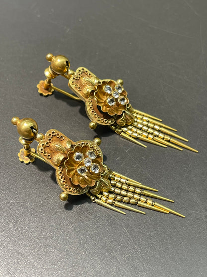 Antique Victorian Etruscan 14K Yellow Gold White Sapphire Fringe Earring