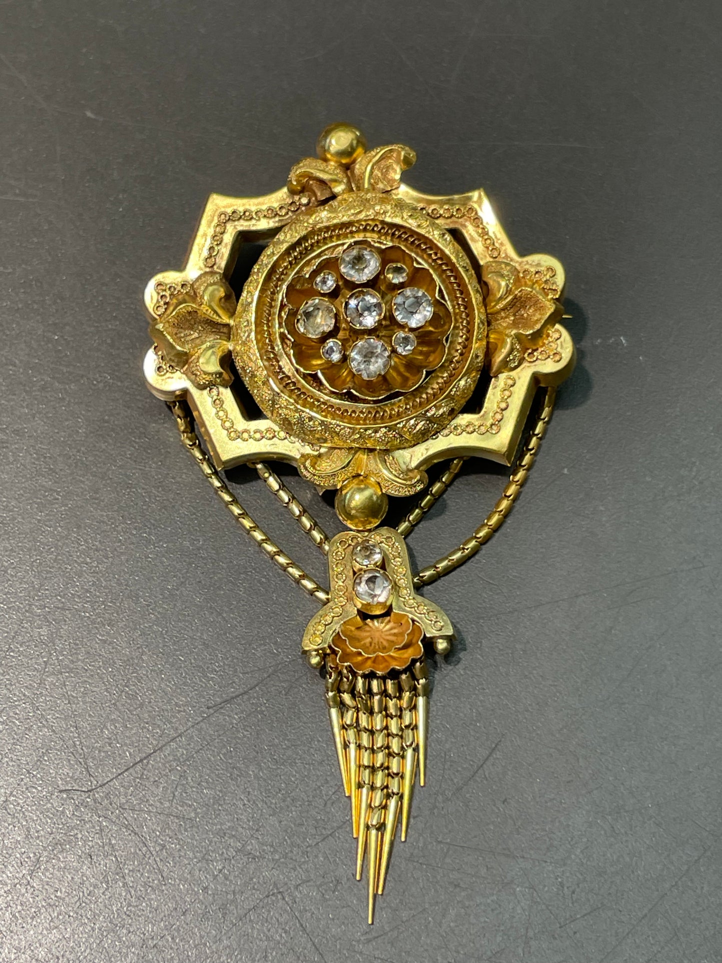 Antique Victorian Etruscan 14K Gold Sapphire Tassel Fringe Brooch