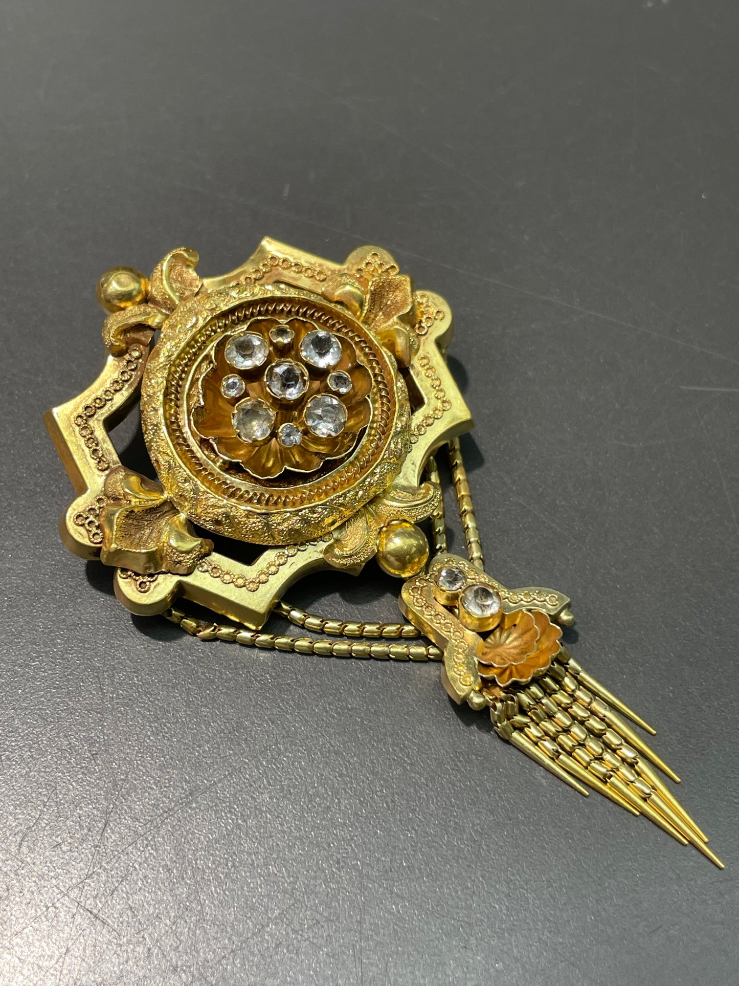 Antique Victorian Etruscan 14K Gold Sapphire Tassel Fringe Brooch