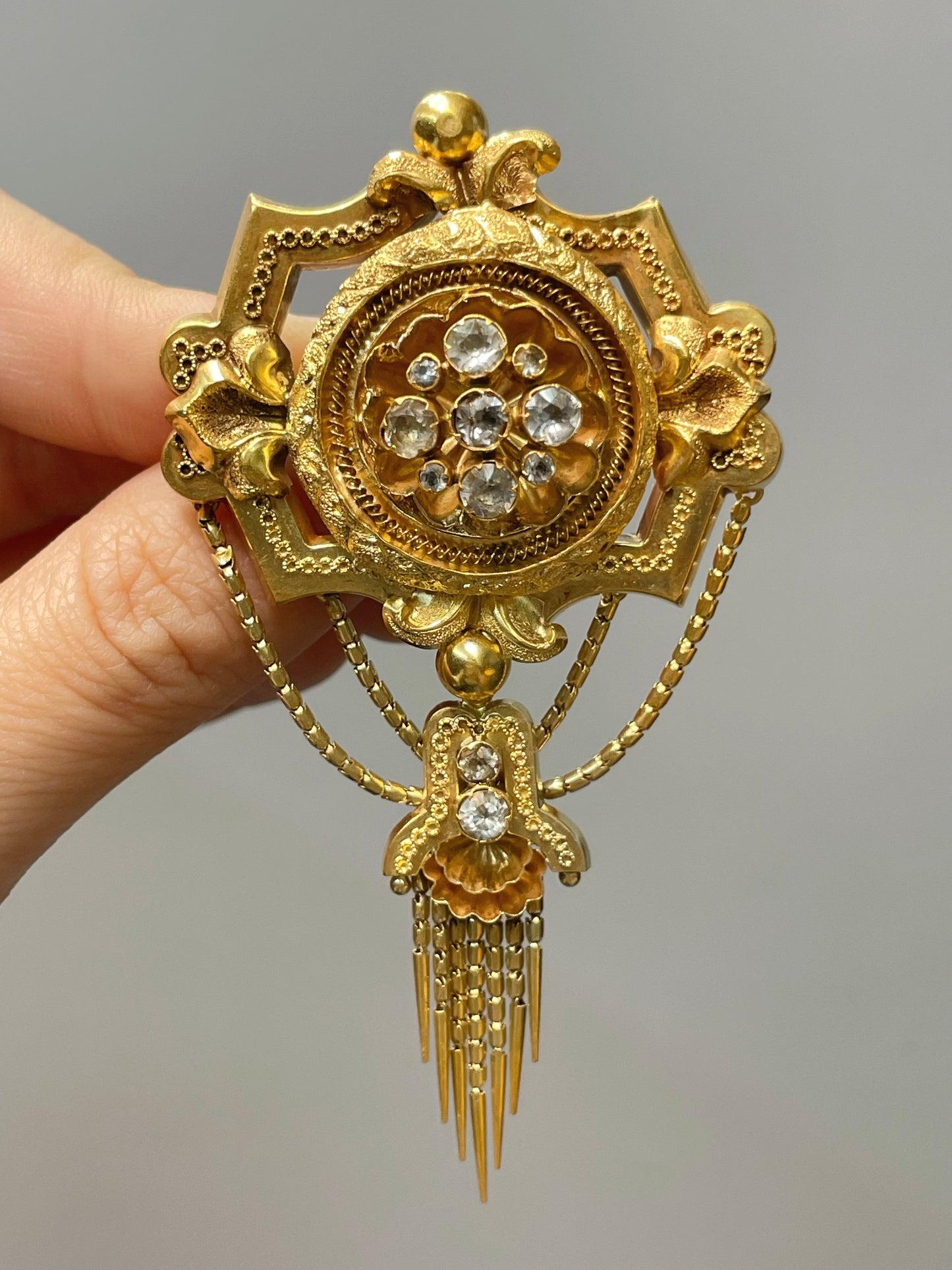 Antique Victorian Etruscan 14K Gold Sapphire Tassel Fringe Brooch
