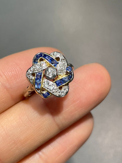 Antique 14K Gold Platinum Sapphire Diamond Knot Ring