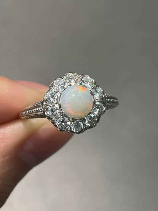 Antique French 18K White Gold Opal 0.80 CTW Diamond Halo Ring