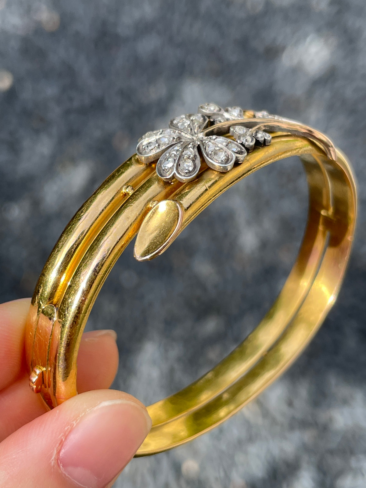 Antique French 18K Gold Clover Bangle Bracelet