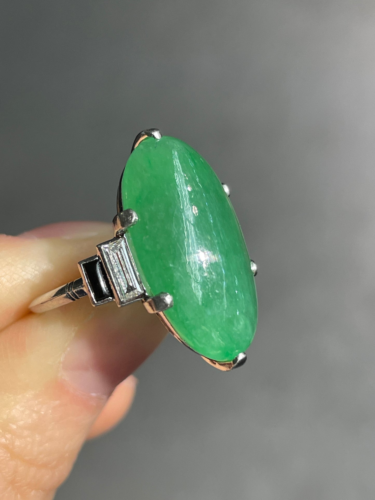 Antique Art Deco Platinum Jade Cabochon Diamond Onyx Ring GIA