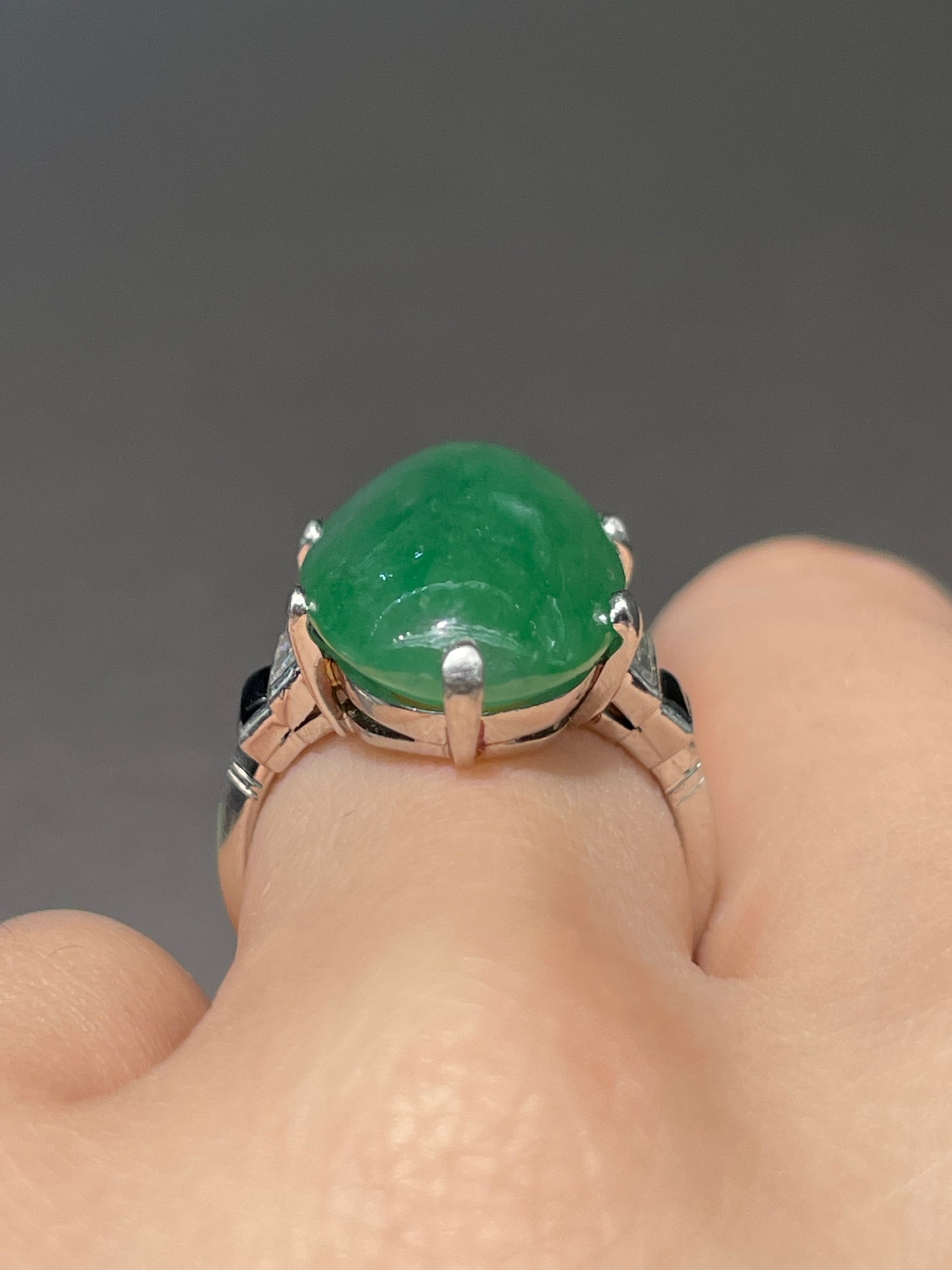 Antique Art Deco Platinum Jade Cabochon Diamond Onyx Ring GIA