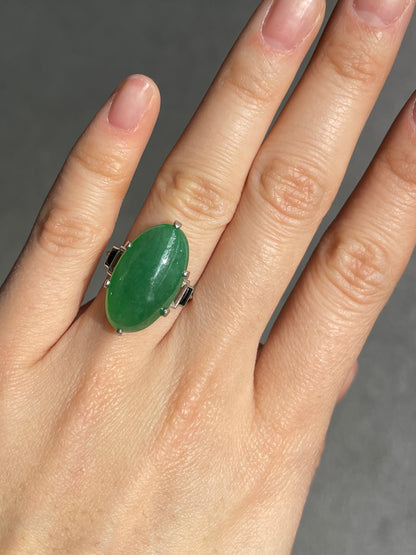 Antique Art Deco Platinum Jade Cabochon Diamond Onyx Ring GIA