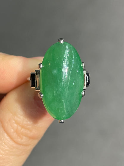 Antique Art Deco Platinum Jade Cabochon Diamond Onyx Ring GIA