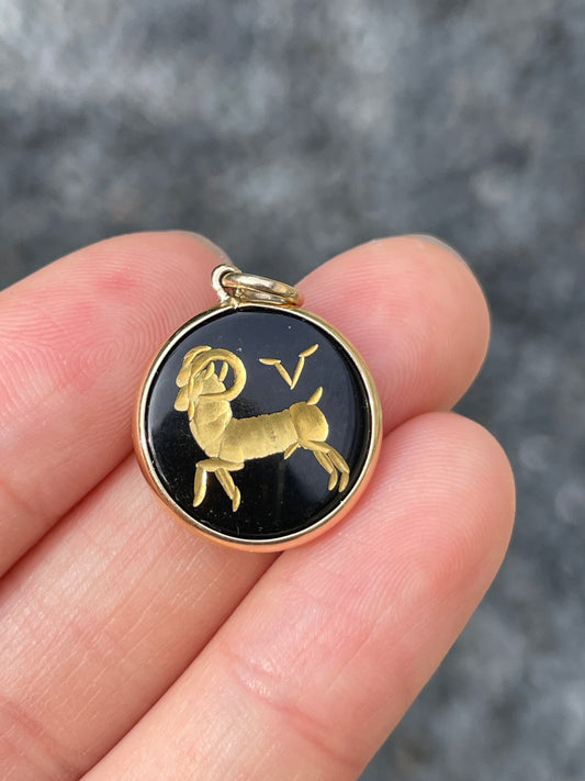 14K Gold Aries Onyx Charm