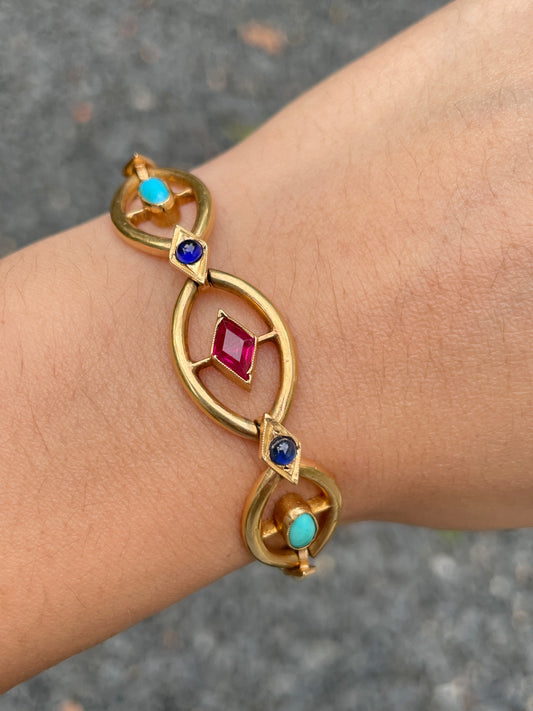 Edwardian 18K Gold Ruby Sapphire Turquoise Pearl Curblink Bracelet