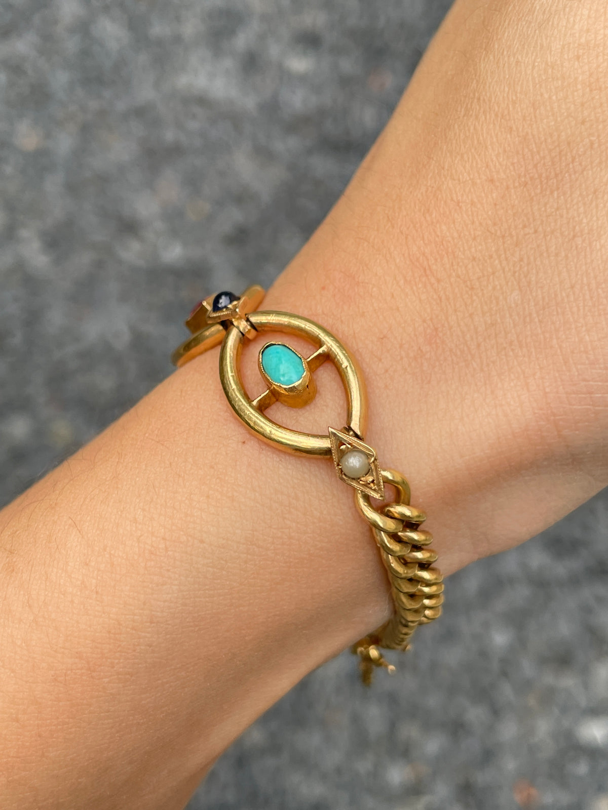 Edwardian 18K Gold Ruby Sapphire Turquoise Pearl Curblink Bracelet