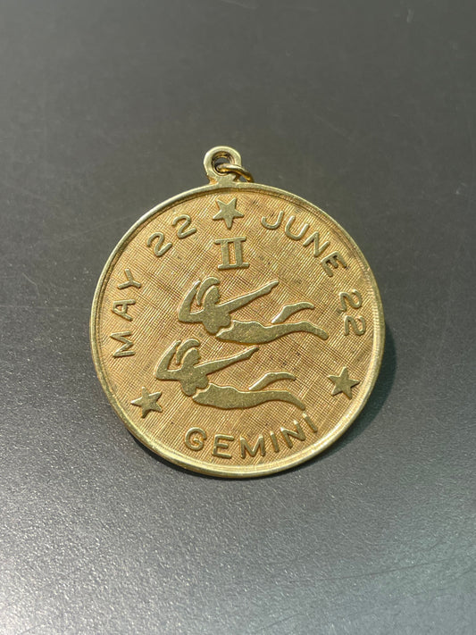 Vintage 14K Yellow Gold Large Gemini Round Horoscope Pendant