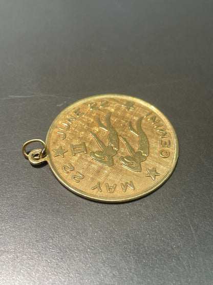 Vintage 14K Yellow Gold Large Gemini Round Horoscope Pendant