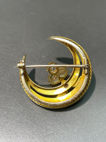 Antique 18K Gold 1.65CTW Diamond Pearl Crescent Brooch