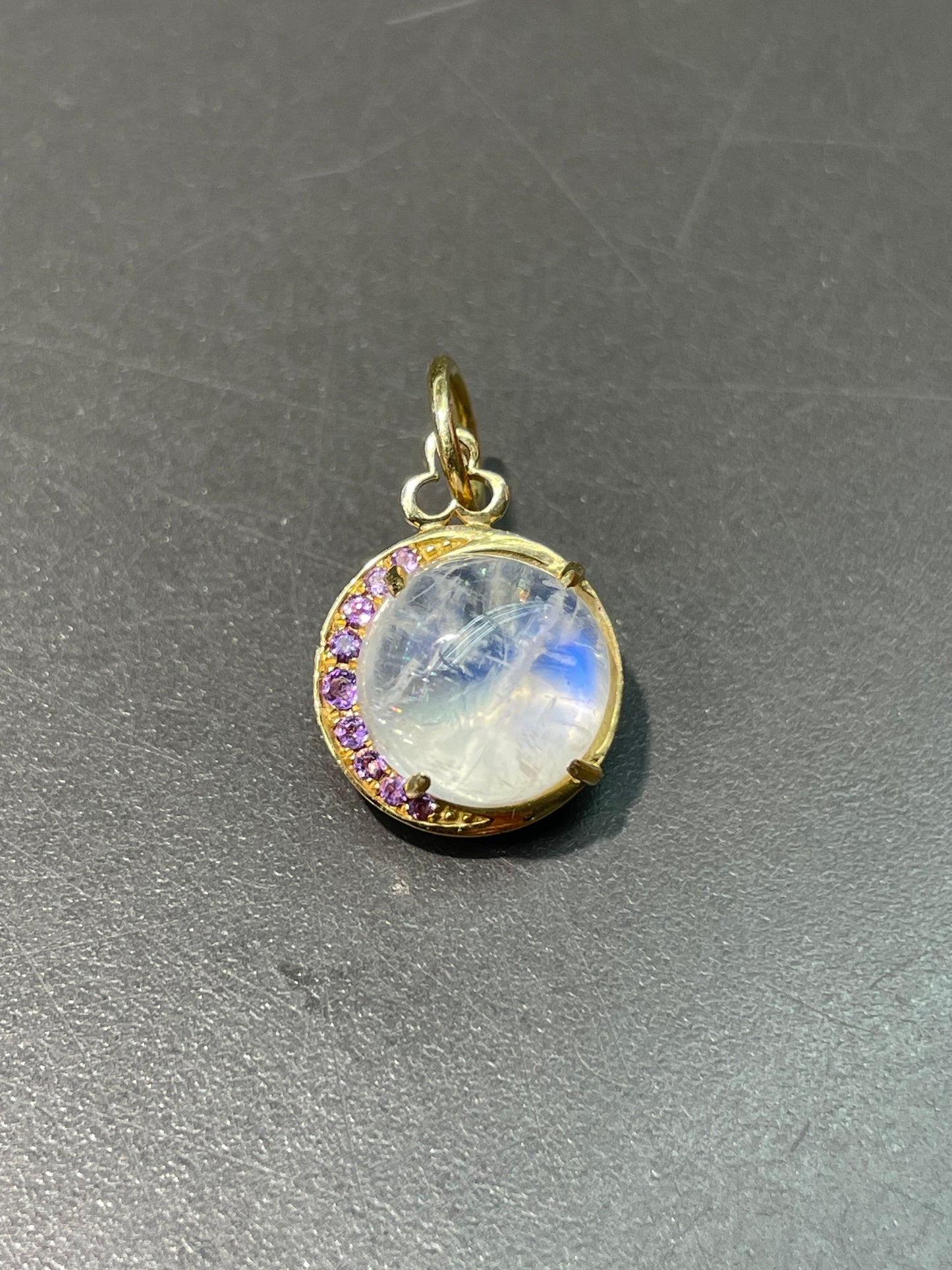 18K Yellow Gold Moonstone Amethyst Crescent Charm Pendant