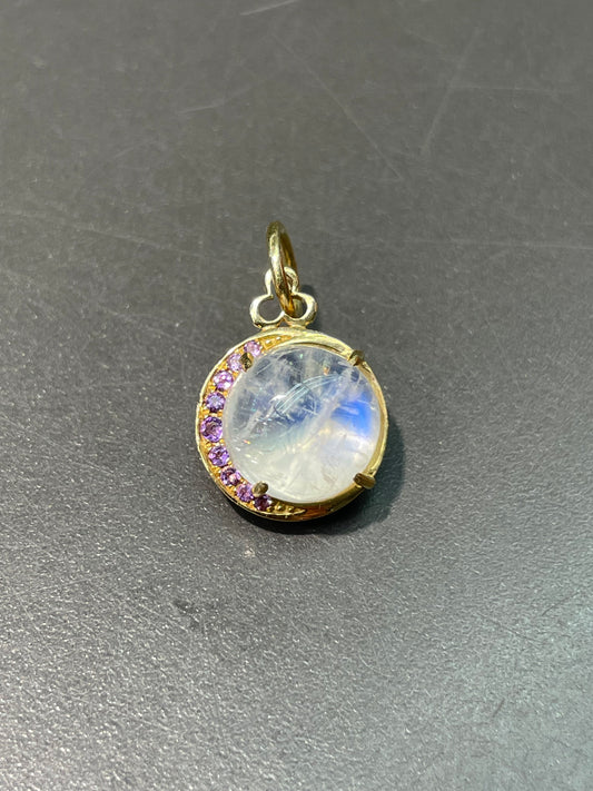 18K Yellow Gold Moonstone Amethyst Crescent Charm Pendant