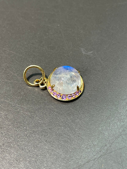 18K Yellow Gold Moonstone Amethyst Crescent Charm Pendant