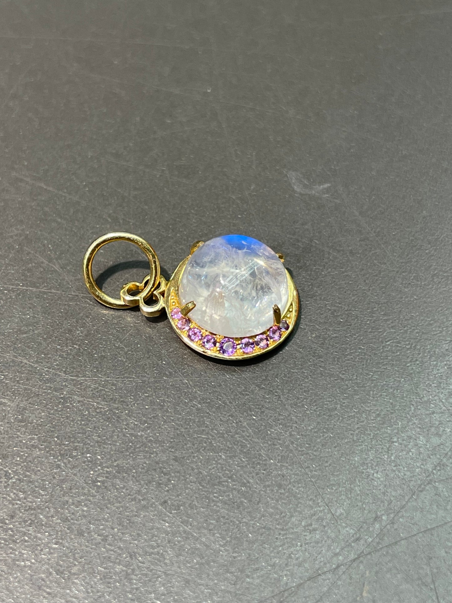 18K Yellow Gold Moonstone Amethyst Crescent Charm Pendant