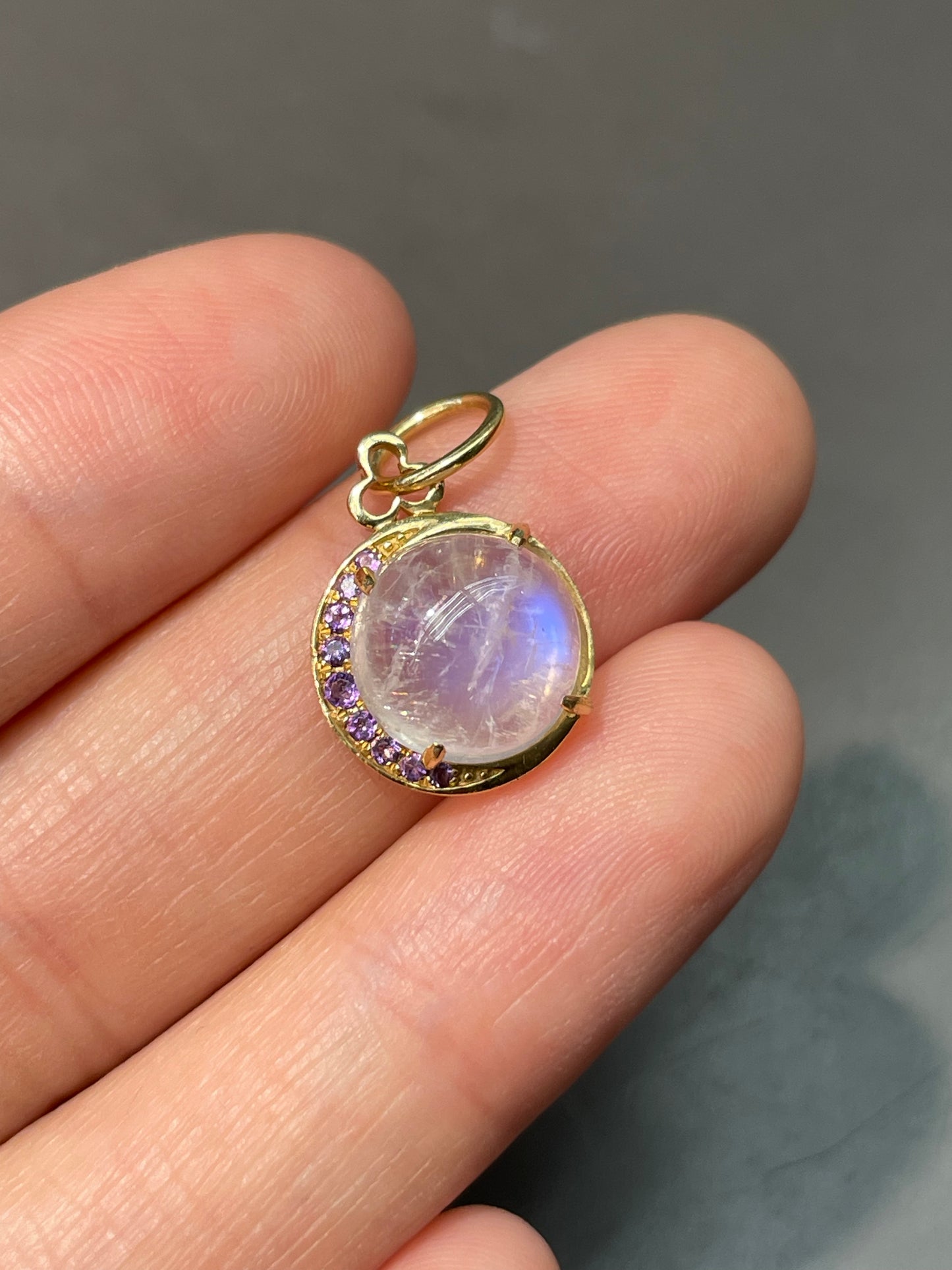 18K Yellow Gold Moonstone Amethyst Crescent Charm Pendant