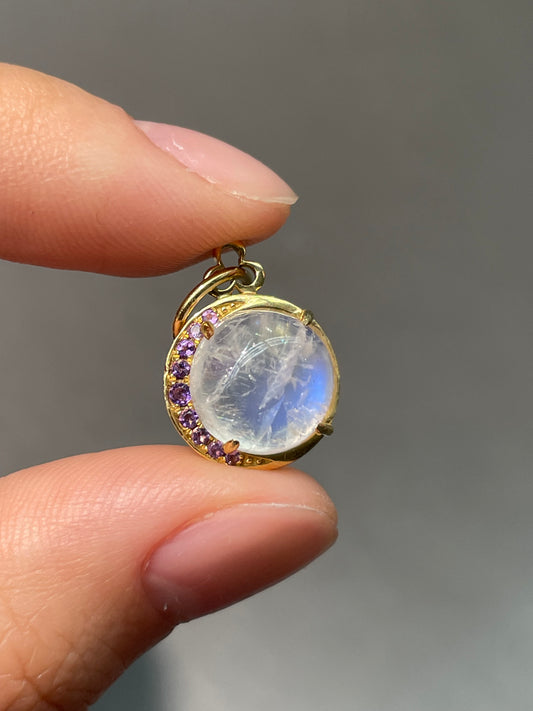 18K Yellow Gold Moonstone Amethyst Crescent Charm Pendant