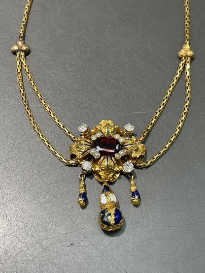 Antique Victorian Etruscan Garnet Diamond Repousse Necklace