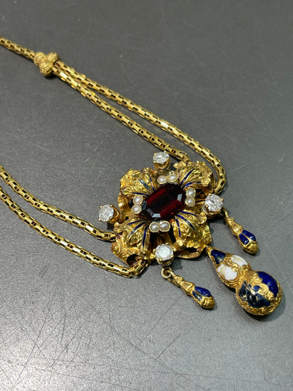 Antique Victorian Etruscan Garnet Diamond Repousse Necklace