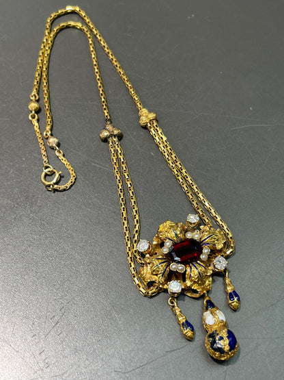 Antique Victorian Etruscan Garnet Diamond Repousse Necklace