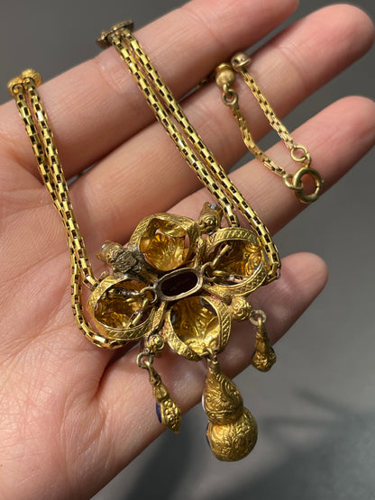 Antique Victorian Etruscan Garnet Diamond Repousse Necklace