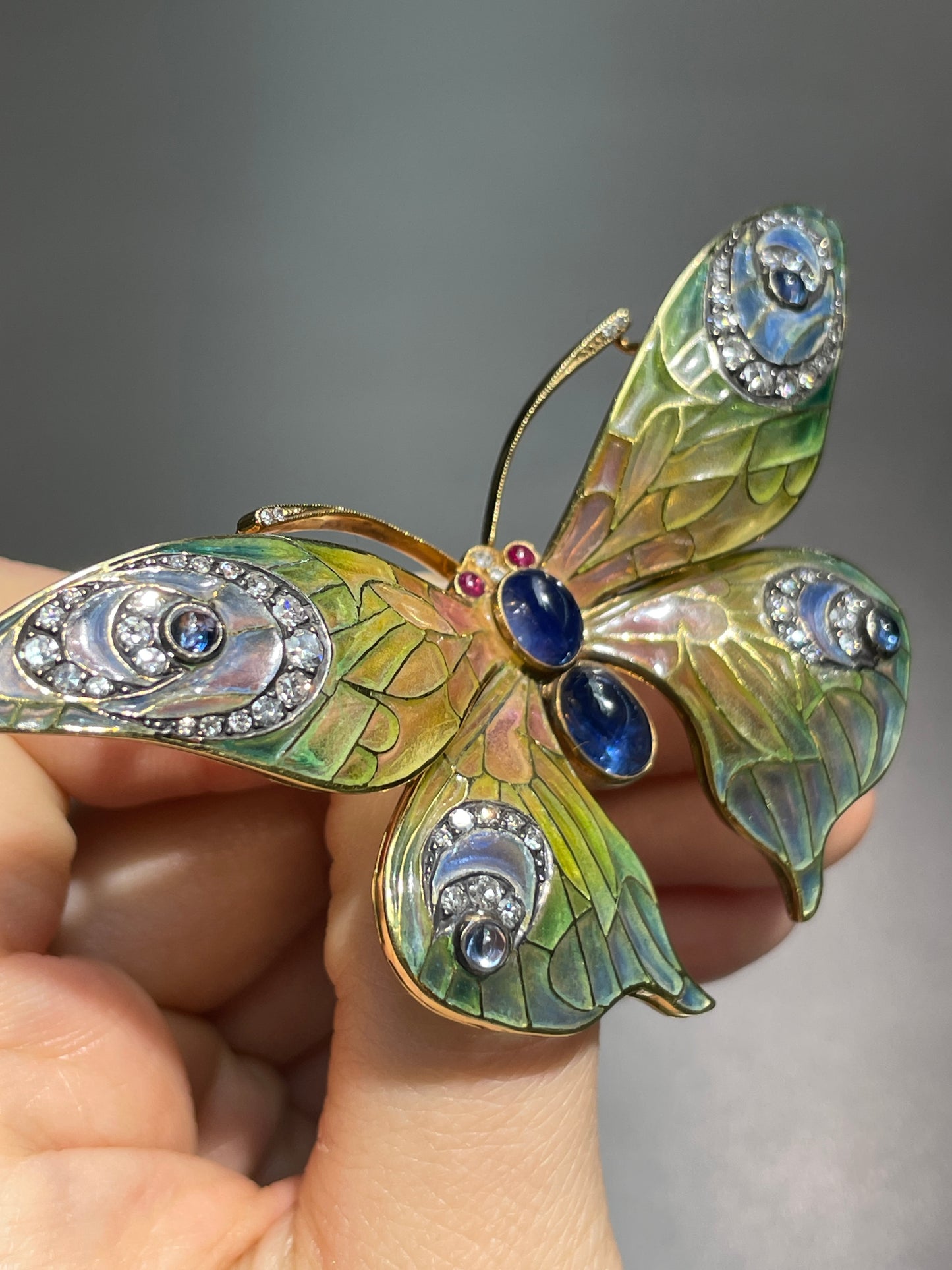Art Nouveau 14K Yellow Gold Plique-a-Jour Sapphire Diamond Butterfly Brooch