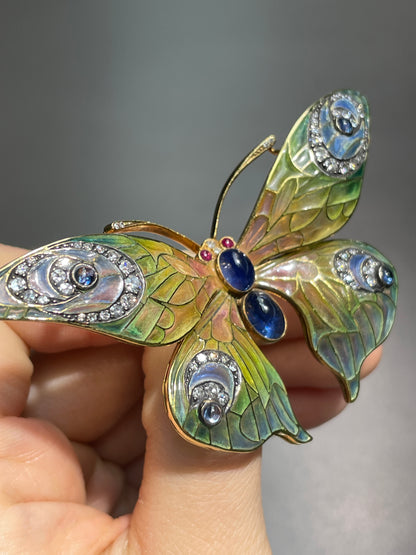 Art Nouveau 14K Yellow Gold Plique-a-Jour Sapphire Diamond Butterfly Brooch