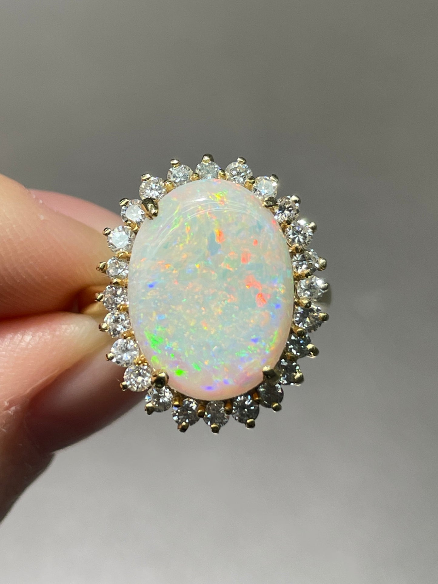 Vintage 14K Yellow Gold Opal Diamond Halo Ring