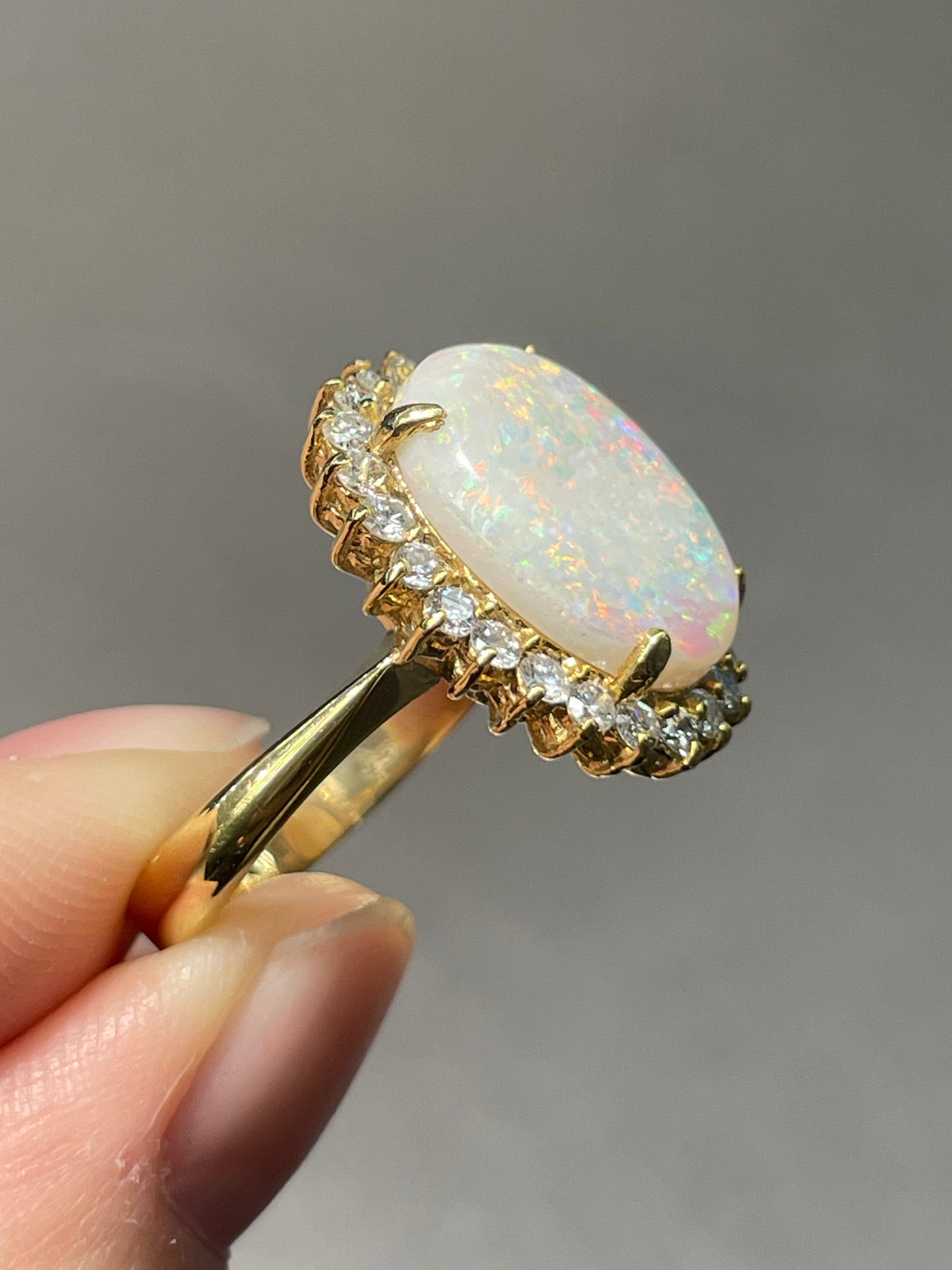 Vintage 14K Yellow Gold Opal Diamond Halo Ring