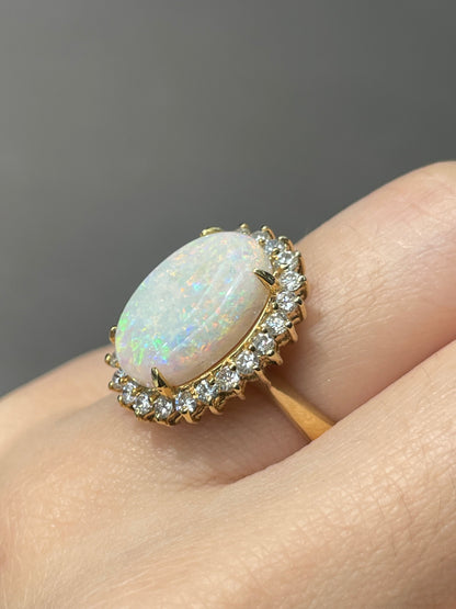 Vintage 14K Yellow Gold Opal Diamond Halo Ring