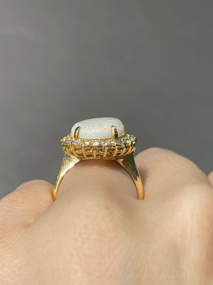 Vintage 14K Yellow Gold Opal Diamond Halo Ring