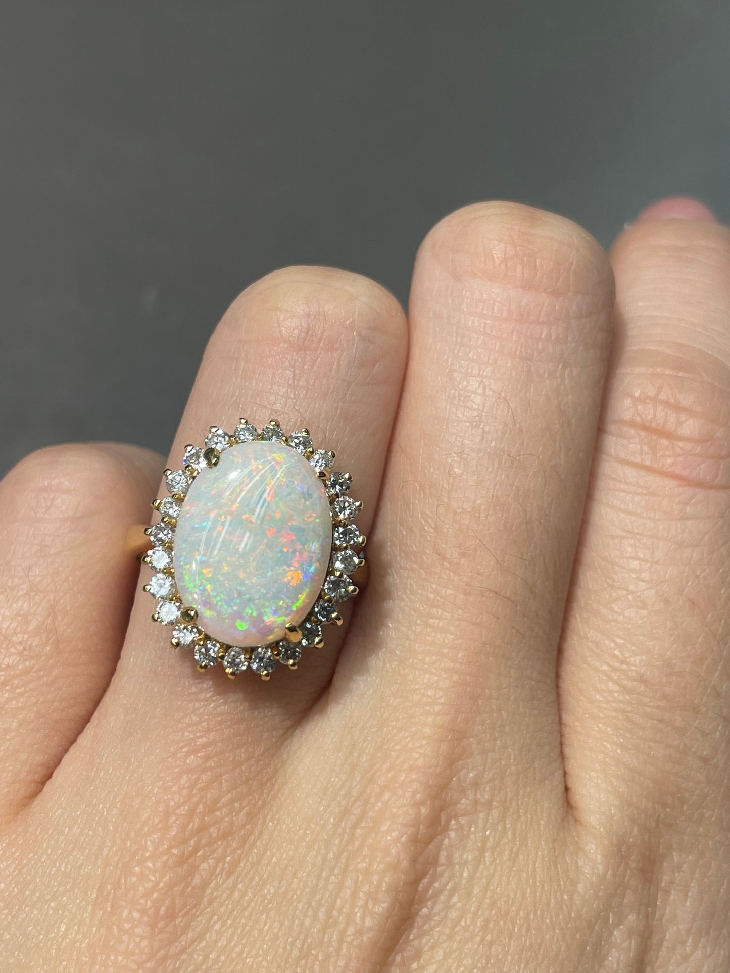 Vintage 14K Yellow Gold Opal Diamond Halo Ring