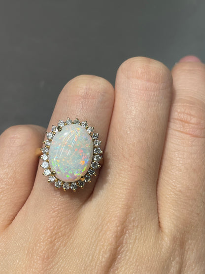 Vintage 14K Yellow Gold Opal Diamond Halo Ring