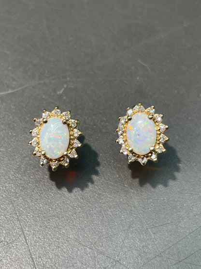 14K Yellow Gold Opal Diamond Halo Earring
