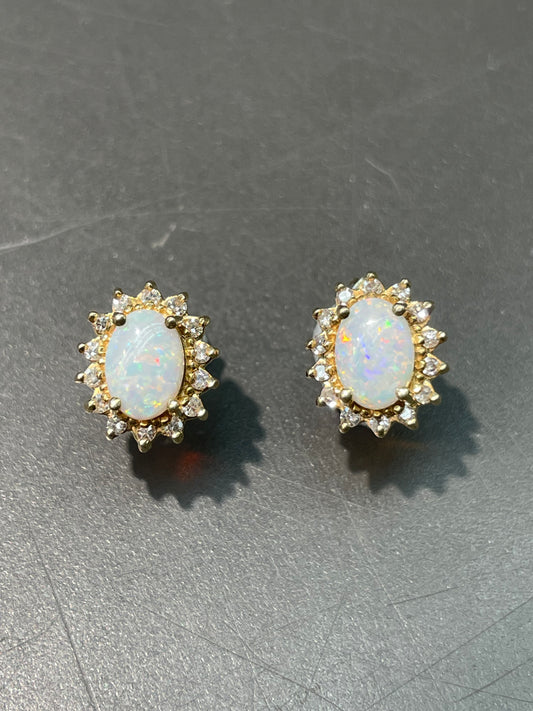 14K Yellow Gold Opal Diamond Halo Earring