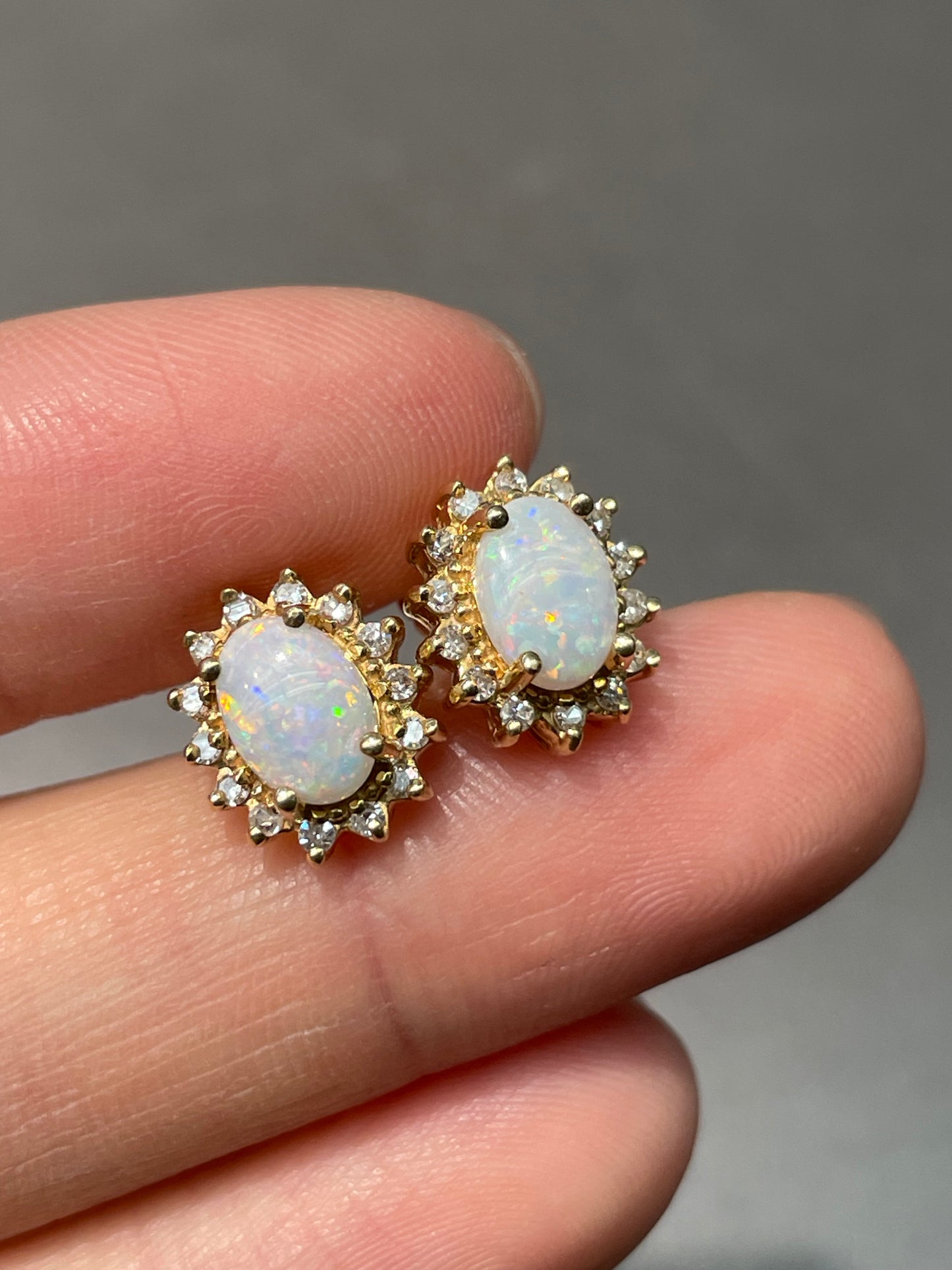 14K Yellow Gold Opal Diamond Halo Earring