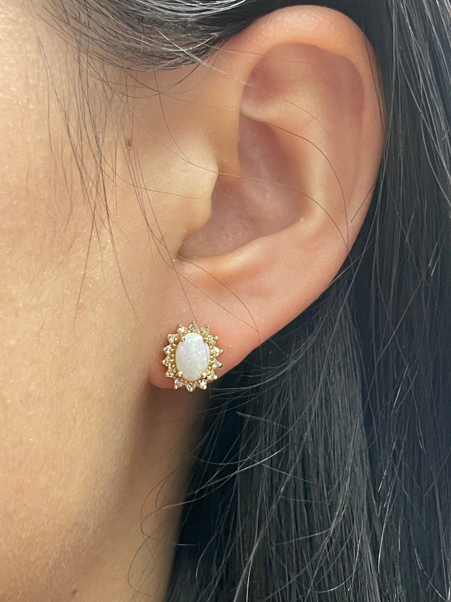 14K Yellow Gold Opal Diamond Halo Earring