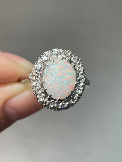 14K White Gold Opal Diamond Halo Ring
