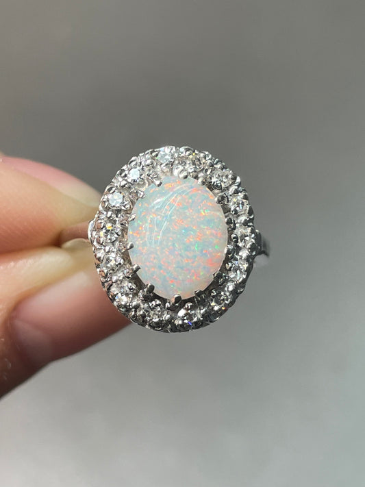 14K White Gold Opal Diamond Halo Ring