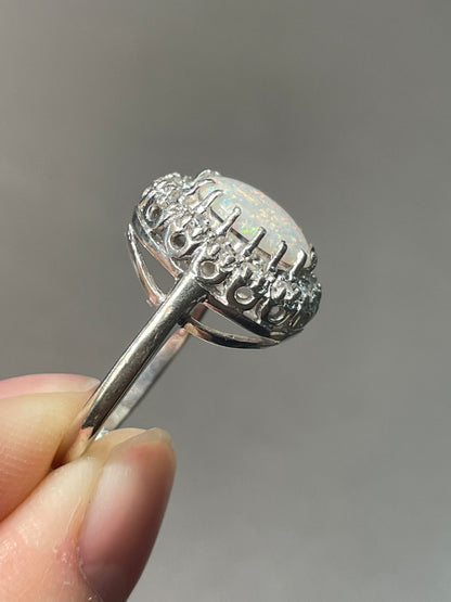 14K White Gold Opal Diamond Halo Ring