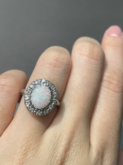 14K White Gold Opal Diamond Halo Ring