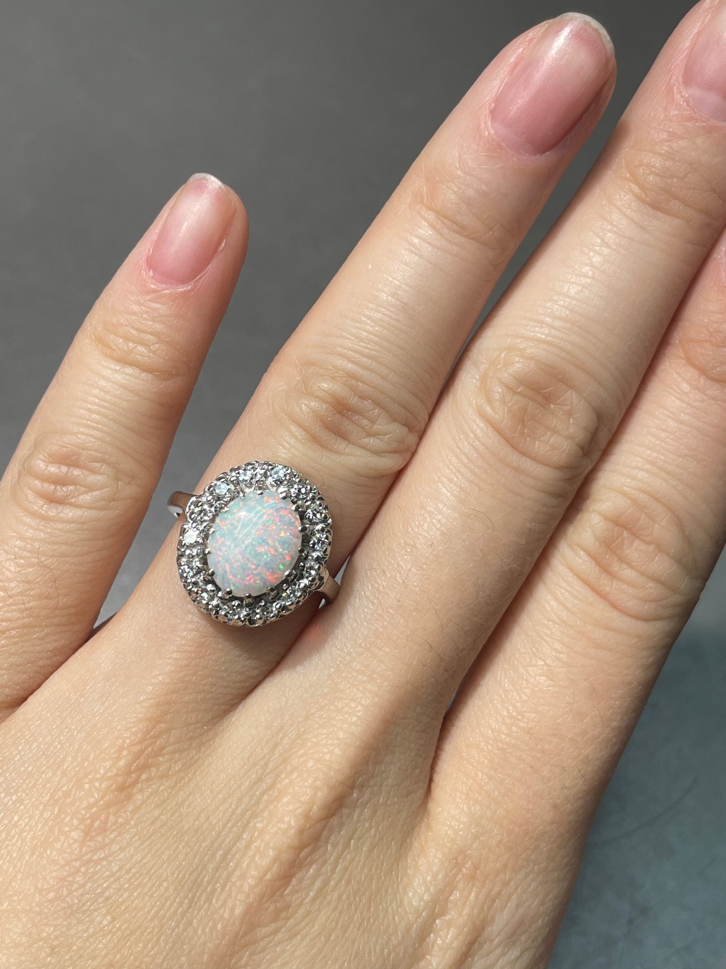 14K White Gold Opal Diamond Halo Ring