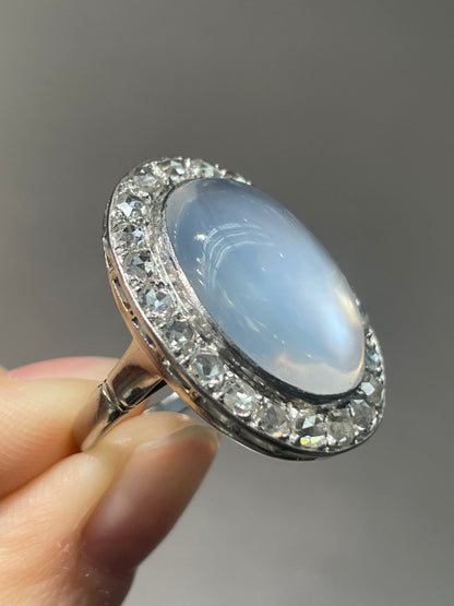 Edwardian 14K White Gold 13.2 CTW Ceylon Moonstone Rose Cut Diamond Halo Ring