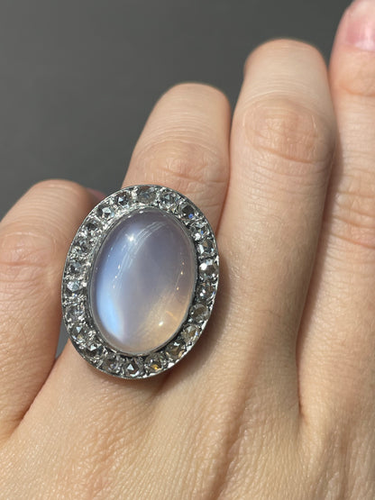 Edwardian 14K White Gold 13.2 CTW Ceylon Moonstone Rose Cut Diamond Halo Ring