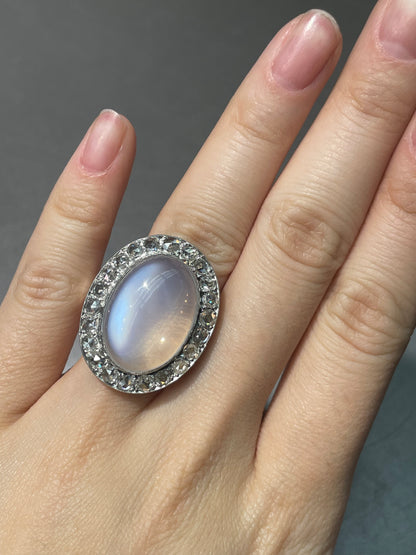 Edwardian 14K White Gold 13.2 CTW Ceylon Moonstone Rose Cut Diamond Halo Ring