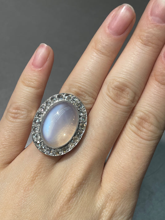 Edwardian 14K White Gold 13.2 CTW Ceylon Moonstone Rose Cut Diamond Halo Ring