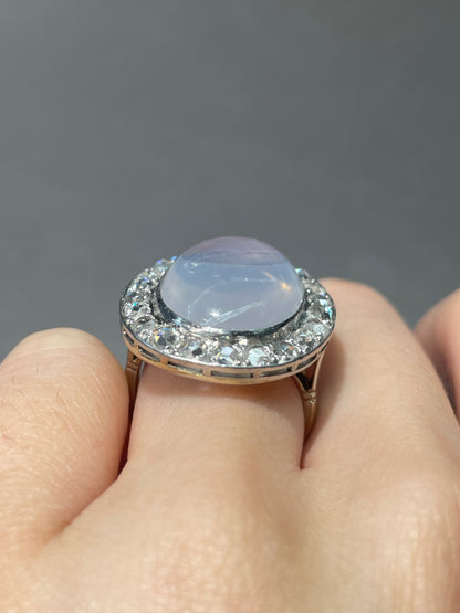Edwardian 14K White Gold 13.2 CTW Ceylon Moonstone Rose Cut Diamond Halo Ring